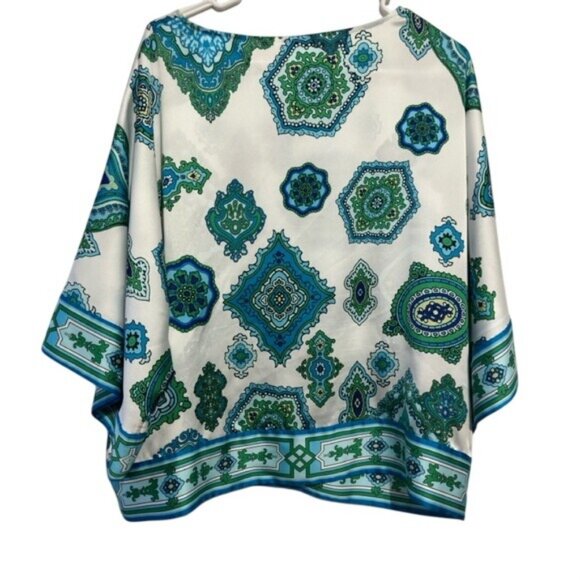 Chicos Womens Size 2 Green & Blue Geometric Print Poncho Style Top Polyester Ble - Picture 2 of 4